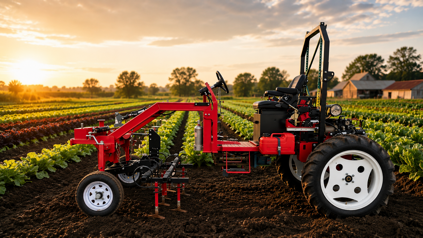 Compact red farm tractor pulling a field implement through a vegetable crop at sunset