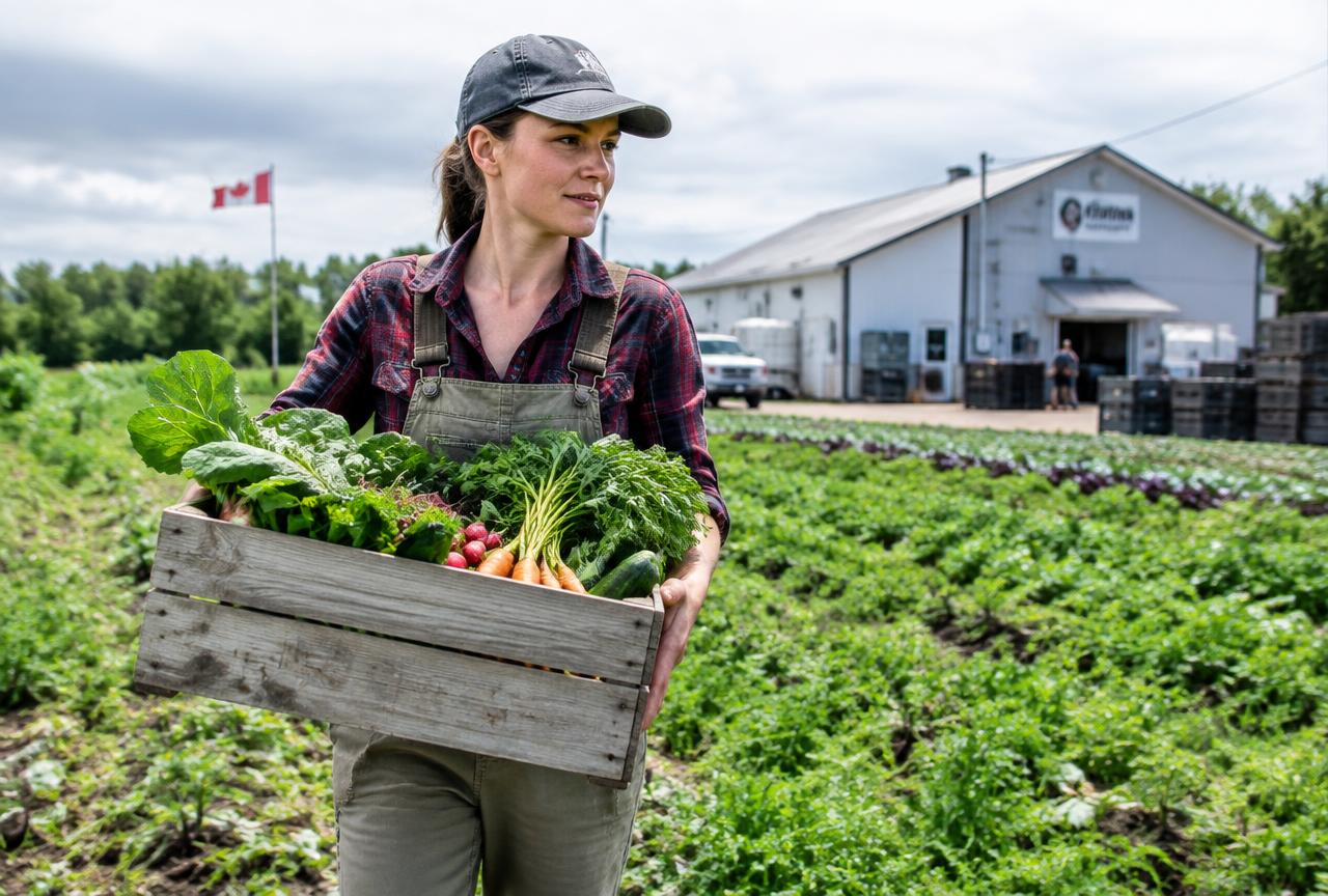 Farmer carrying a crate of fresh vegetables